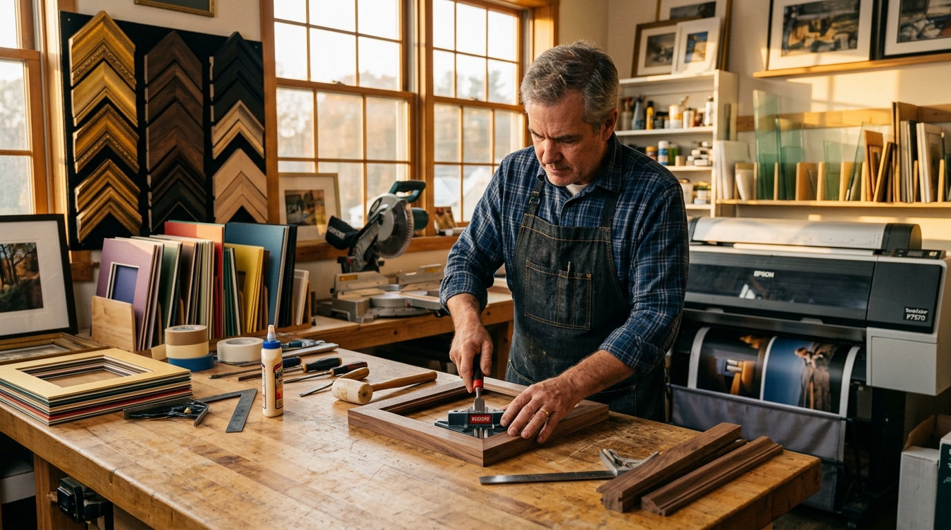 Artisanal picture framing craftsmanship at Dahej Support studio